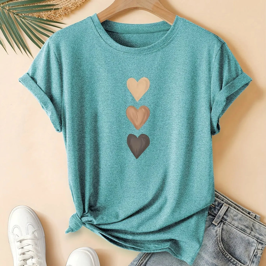 Women's pure cotton t-shirt with three heart printing design in blue colour