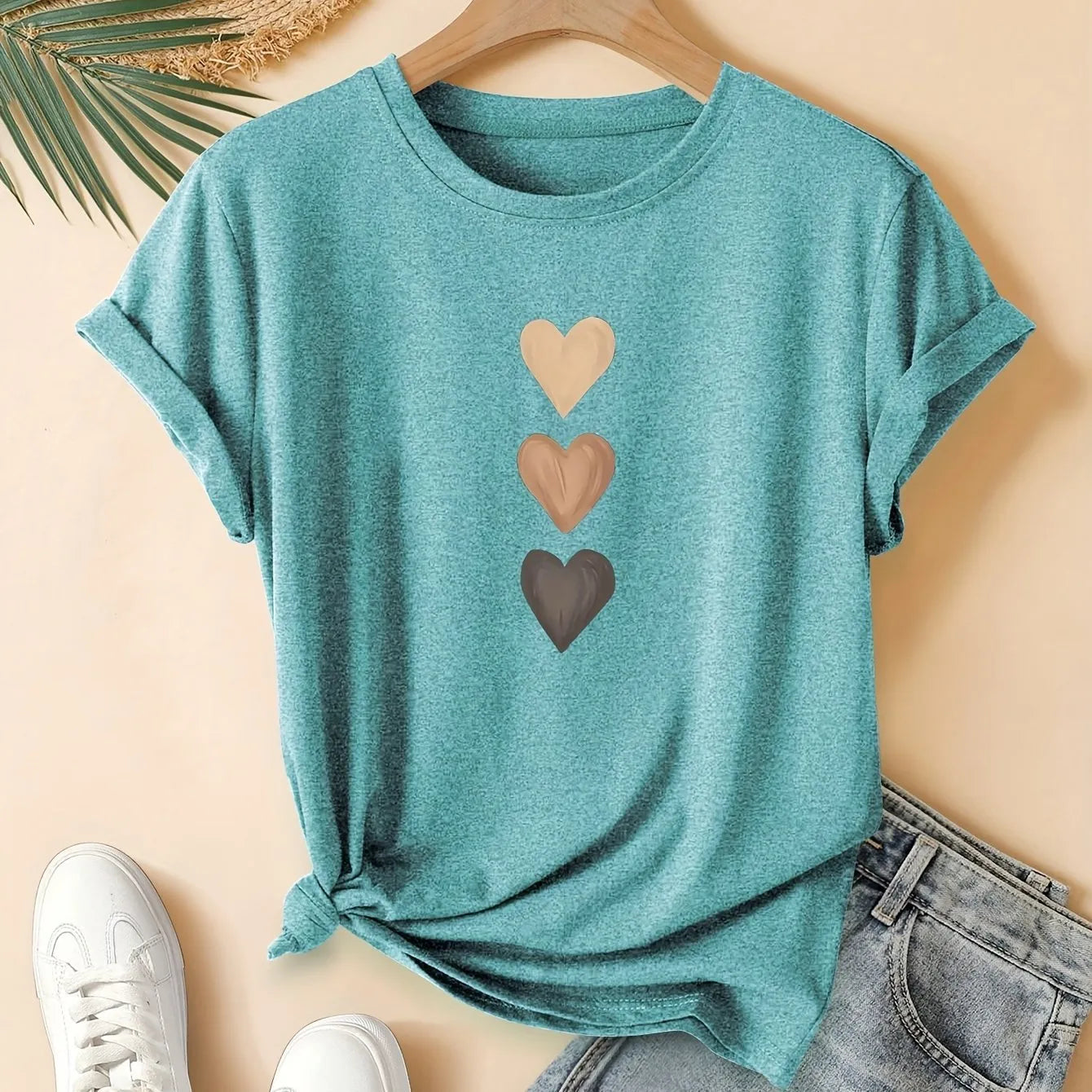 Women's pure cotton t-shirt with three heart printing design in blue colour