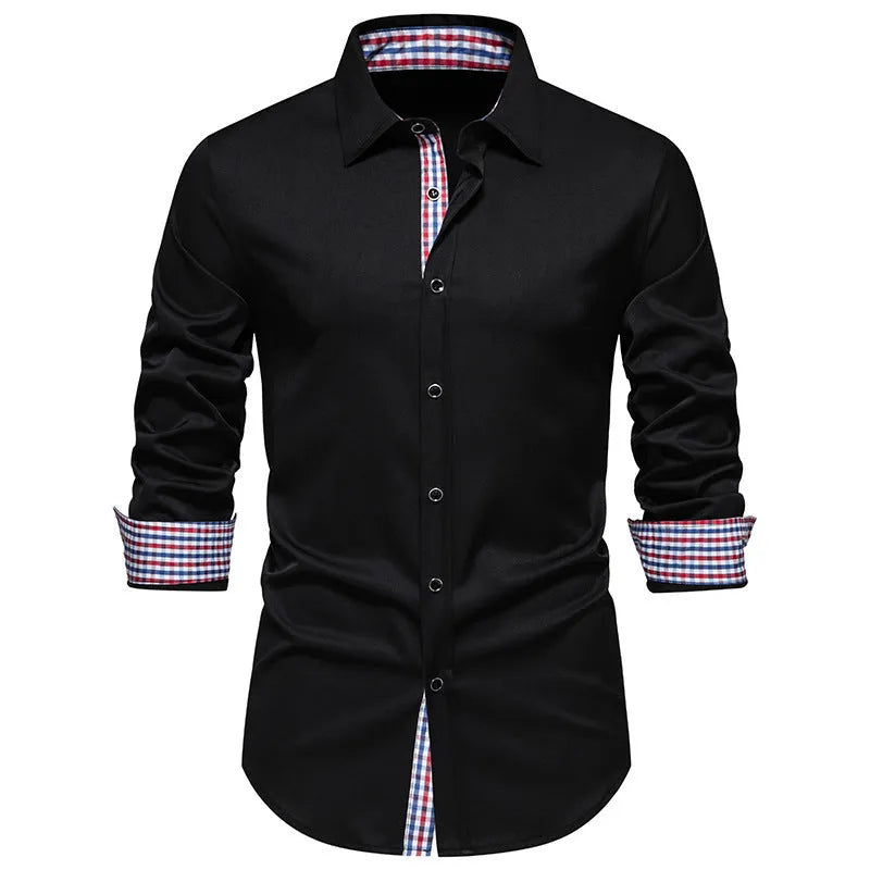 Men's loose fit plaid long-sleeved shirt in chemical fibre blend fabric available in white, black and wine red colours
