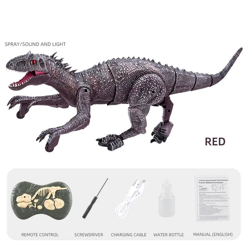 Remote controlled dinosaur model toy in grey with 3D eyeballs and roaring sound effect