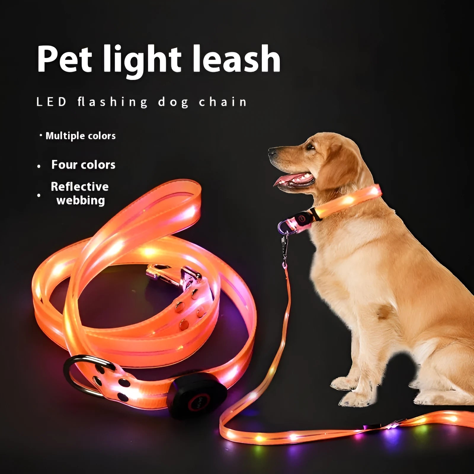 LED light-emitting pet collar and hand holding rope set in orange and black colours for night walking