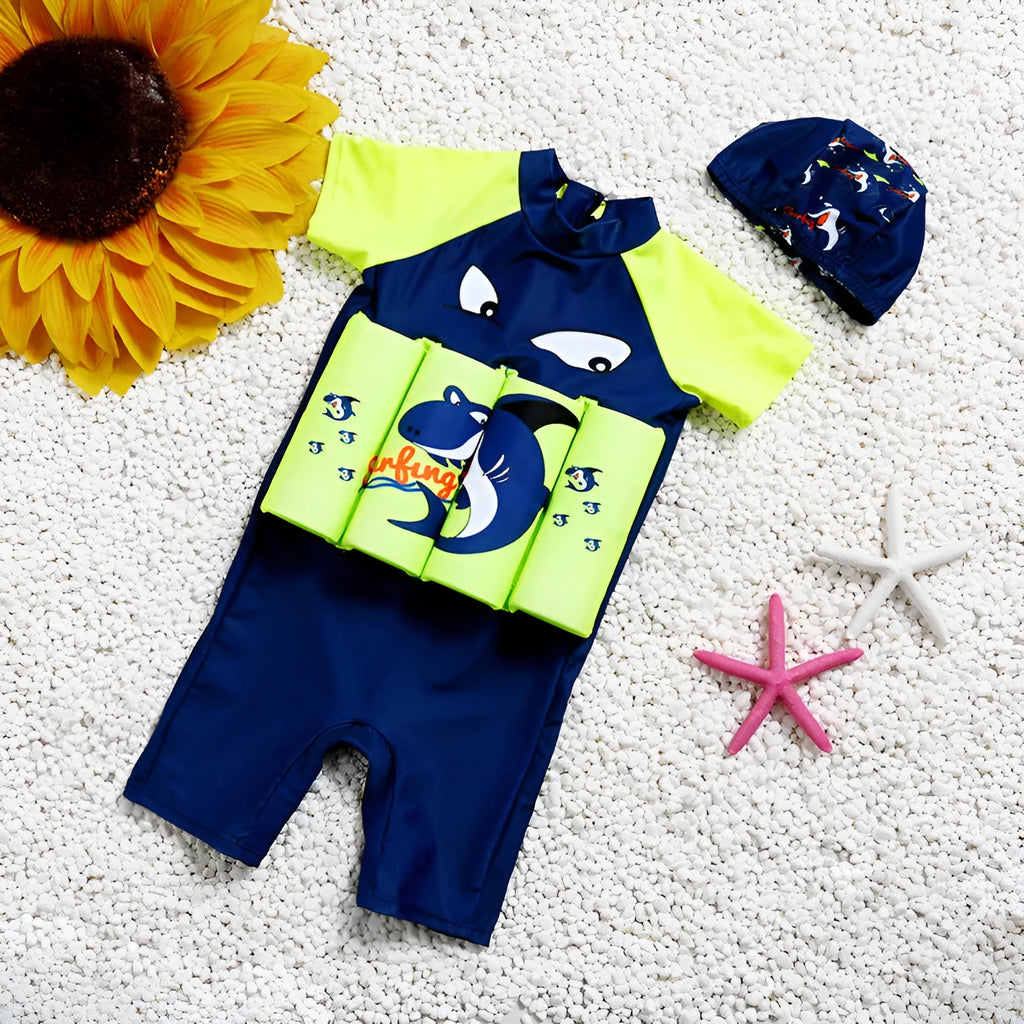 Children's shark print buoyancy swimsuit with sun protection for swimming pool education