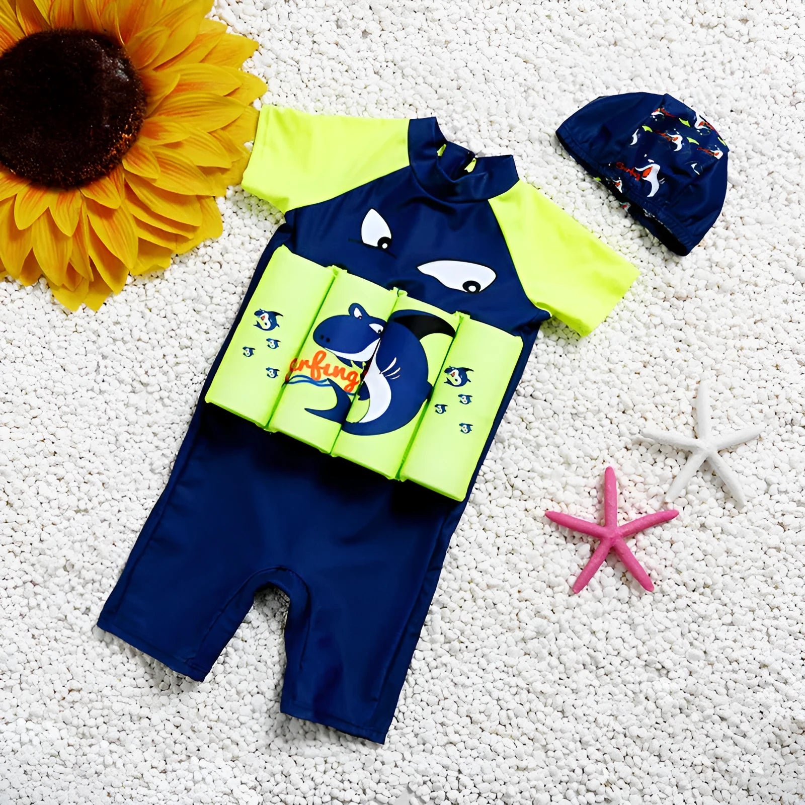 Children's shark print buoyancy swimsuit with sun protection for swimming pool education