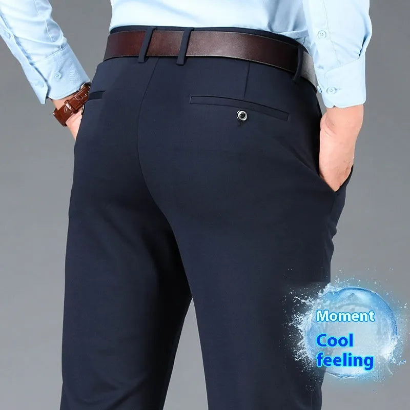 Men's plus-sized straight-leg trousers in navy blue with an elasticated waistband, shown with a zip fly and business casual styling.