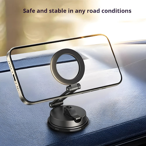Black H154 car magnetic phone holder with suction cup mounted on a car windscreen