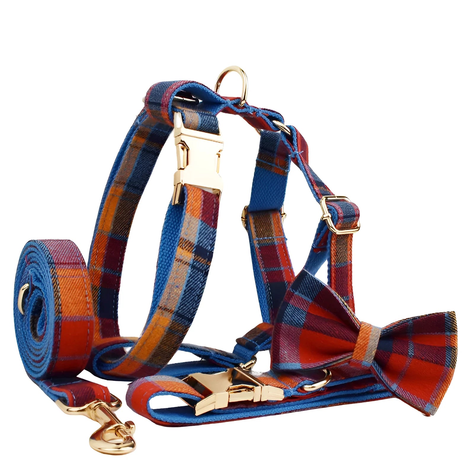 Four-piece dog fashion set showing collar, leash, bow tie and vest in coordinated cloth material