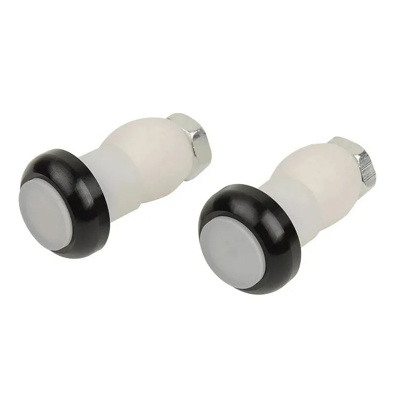 A pair of anodised aluminium bicycle handlebar safety lights in a choice of colours, showing the LED lens and mounting nut.