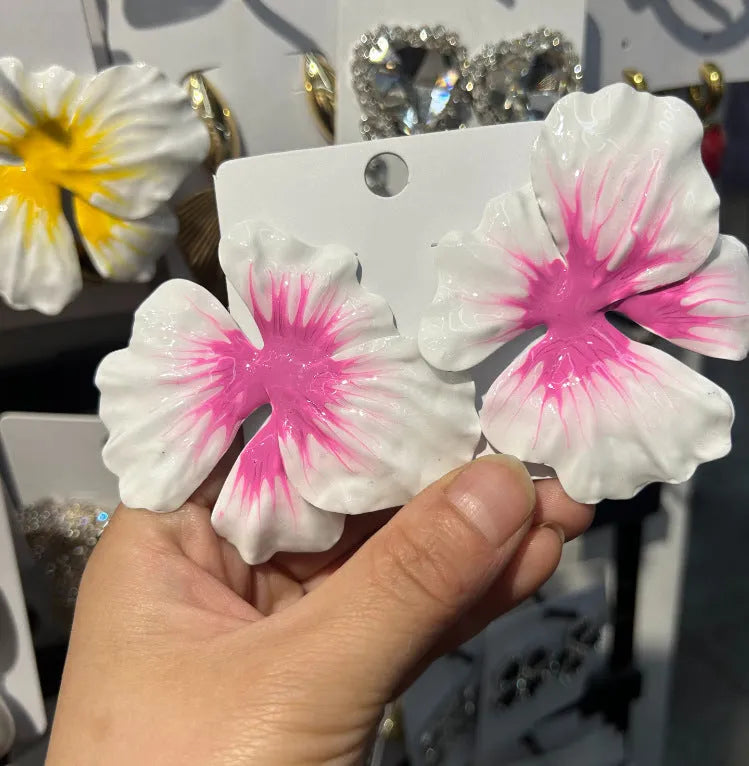 Pastoral style alloy flower stud earrings with oil-spot glaze finish in floral designs