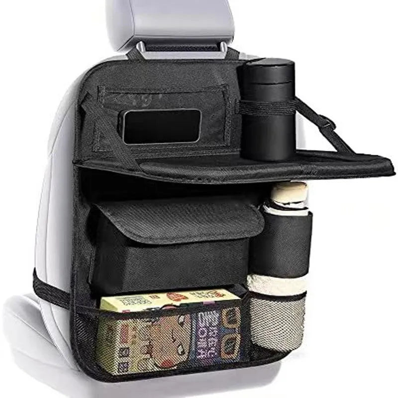 Black Oxford cloth car seat back buggy bag with hanging storage organiser measuring 42x30cm