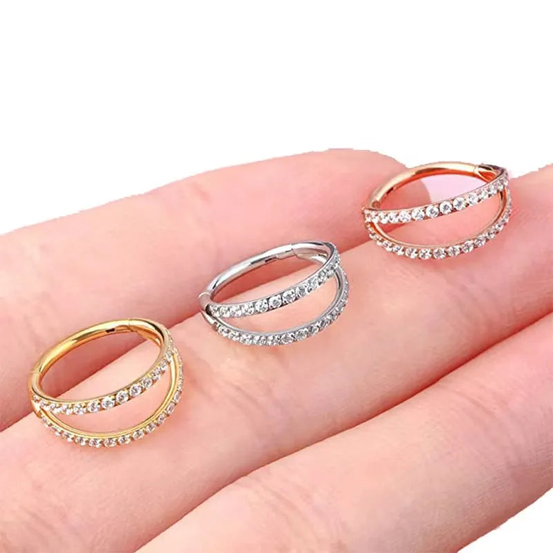Titanium alloy nose ring with diamond coating in gold colour, showing gauge thickness and length measurements