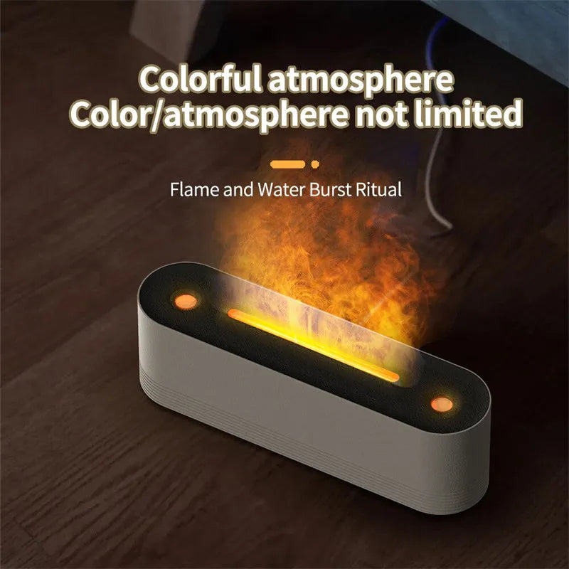 Black Flame Air ultrasonic humidifier with LED lights creating mist and flame effects on wooden surface