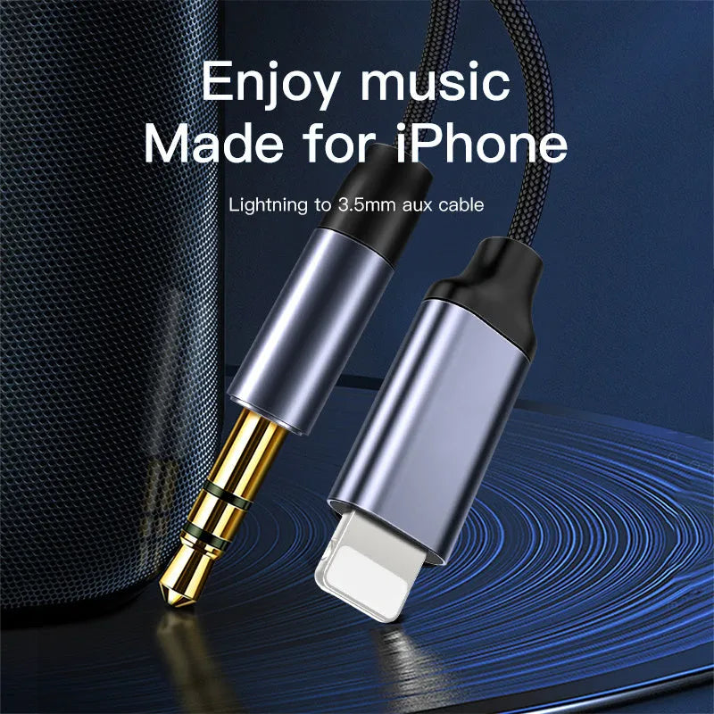 Nylon-braided 3.5mm audio cable with silver connectors in black and silver colour options.