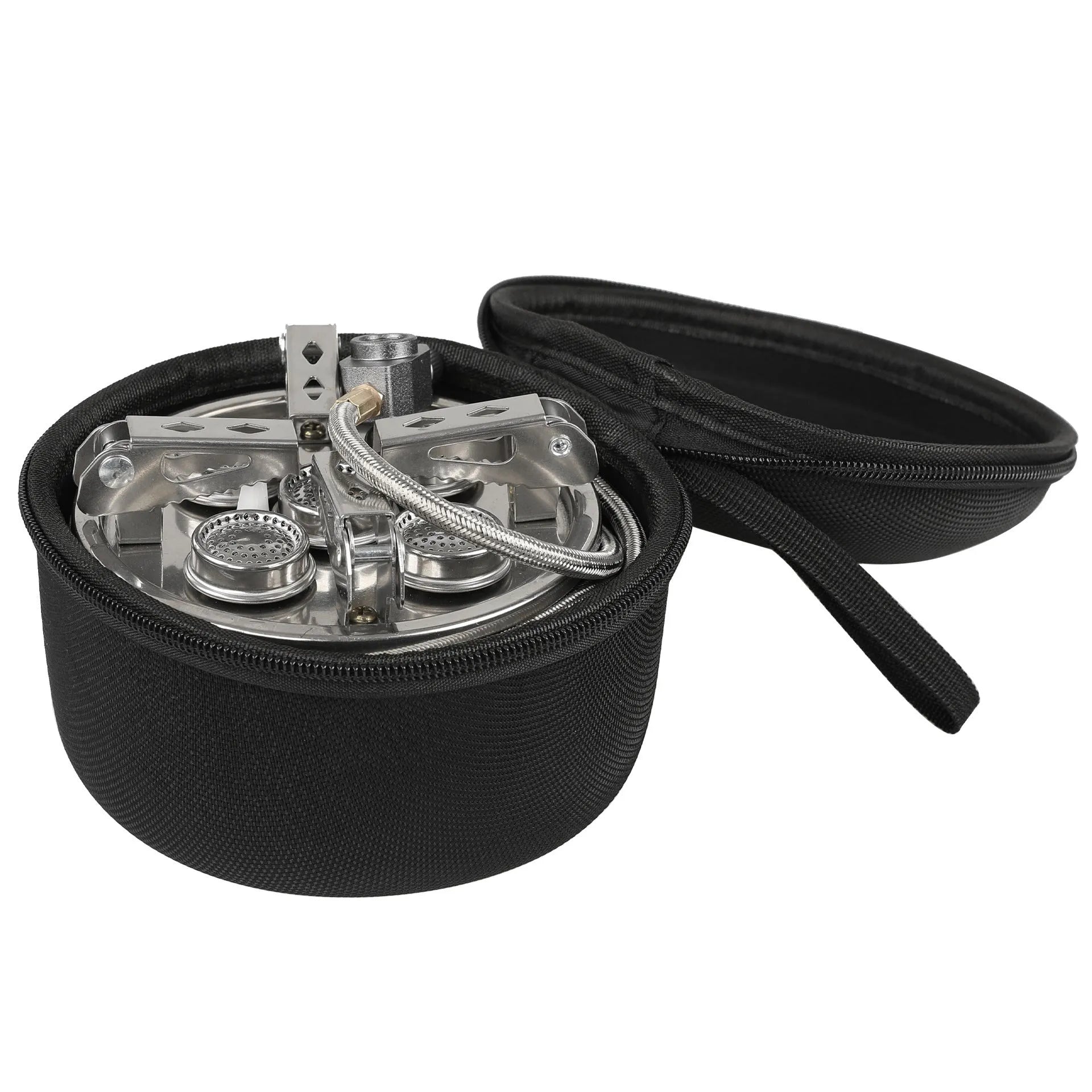Silver portable split camping stove made of stainless steel and copper, shown folded with gas hose.