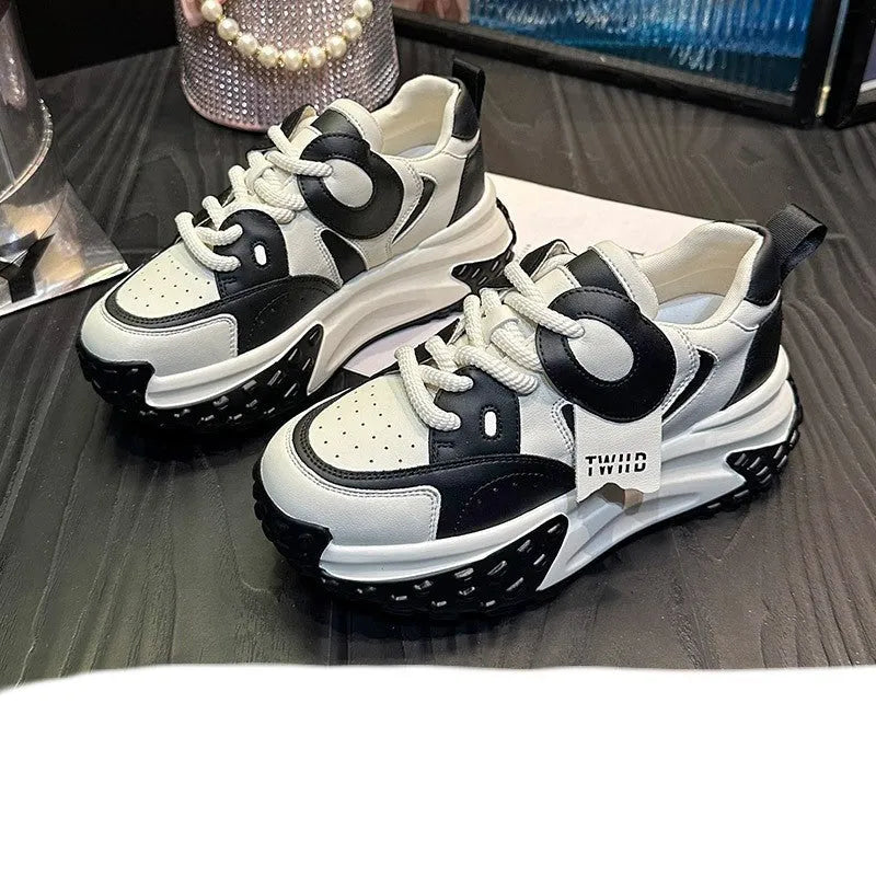 Leather sports casual shoes with thick wedge soles and front lace-up fastening in four colour options