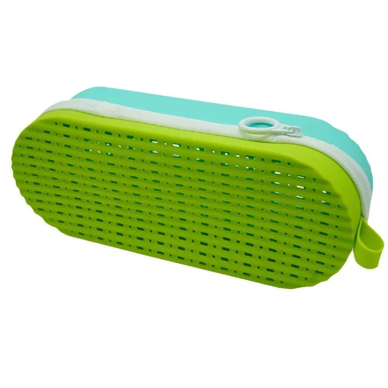 Silicone glasses case in multiple colours showing long hand shape and size scale