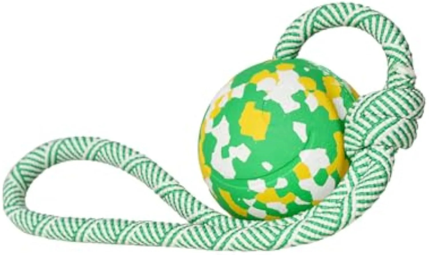 Natural rubber dog ball attached to a blue nylon rope for fetch and tug games.