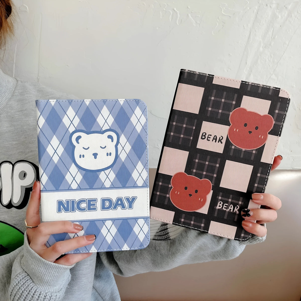 Cartoon silicone TPU flip case for iPad with plaid bear design, compatible with Air Mini Pro models