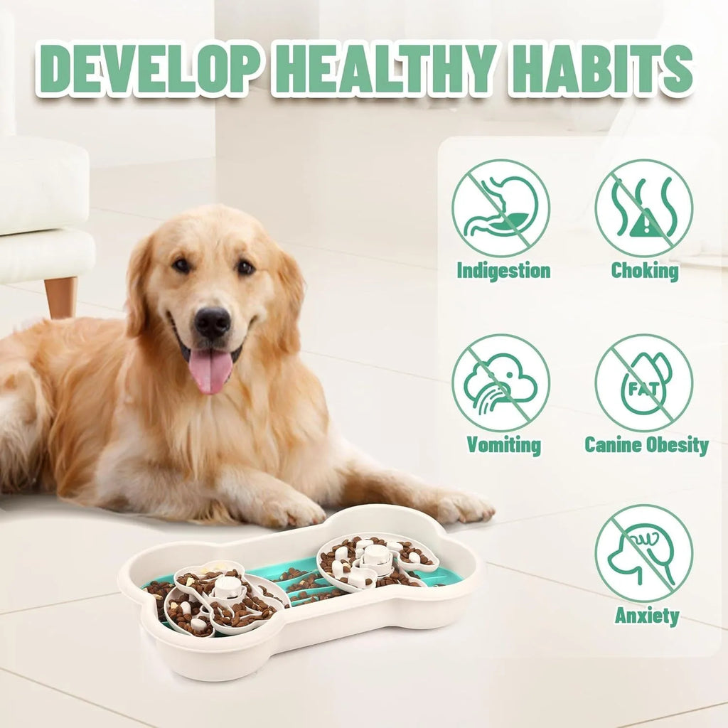Large green slow feeder dog bowl with three separable puzzle trays and non-slip suction cups on base.