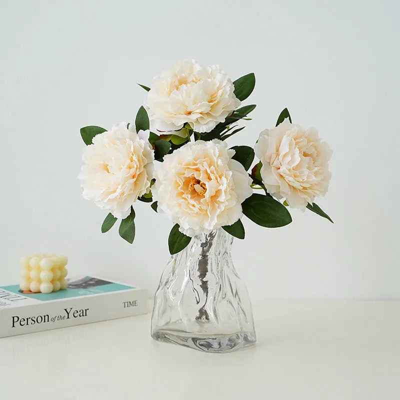 40cm artificial silk peony 5-head bouquet in light champagne colour on white background