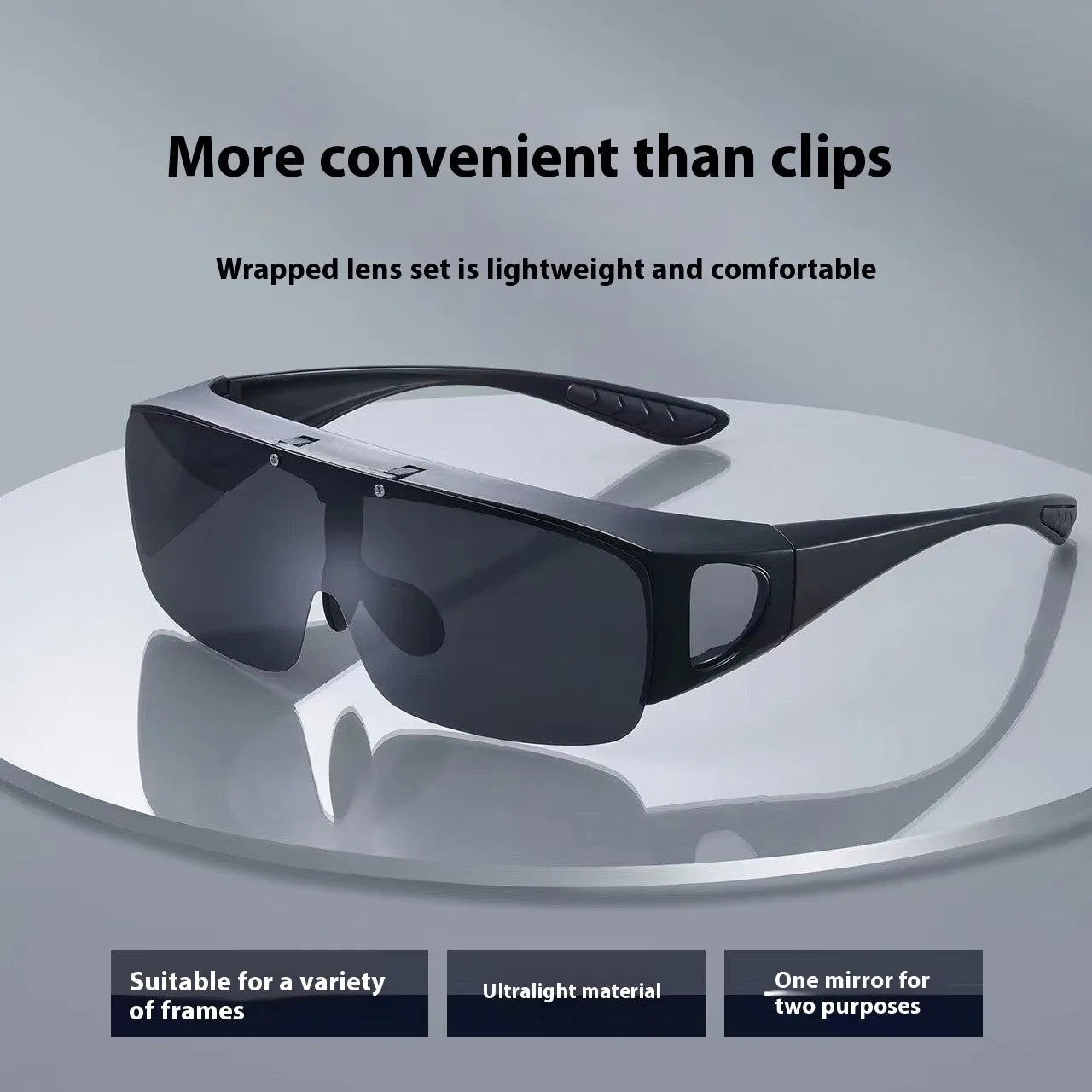 Polarised sports sunglasses with a one-piece lens for myopia, shown in black/grey and dark green colour options.