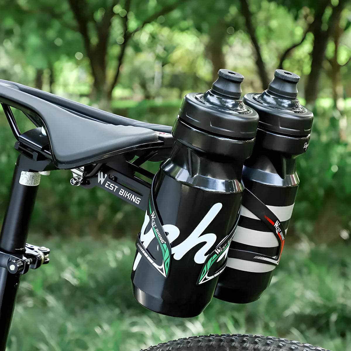 Black aluminium alloy double water bottle cage extension bracket with adjustable angle for bicycle seat post