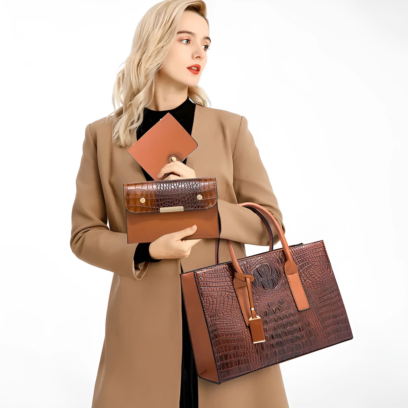 Women's three-piece PU handbag set with crocodile pattern in choice of four colours