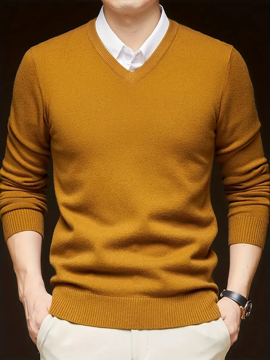 Men's casual thin V-neck woolen sweater in black, loose fit, available in multiple sizes and colours