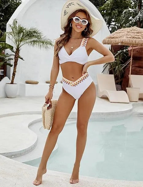 Women's black lace-up split swimsuit bikini set with high-waisted briefs