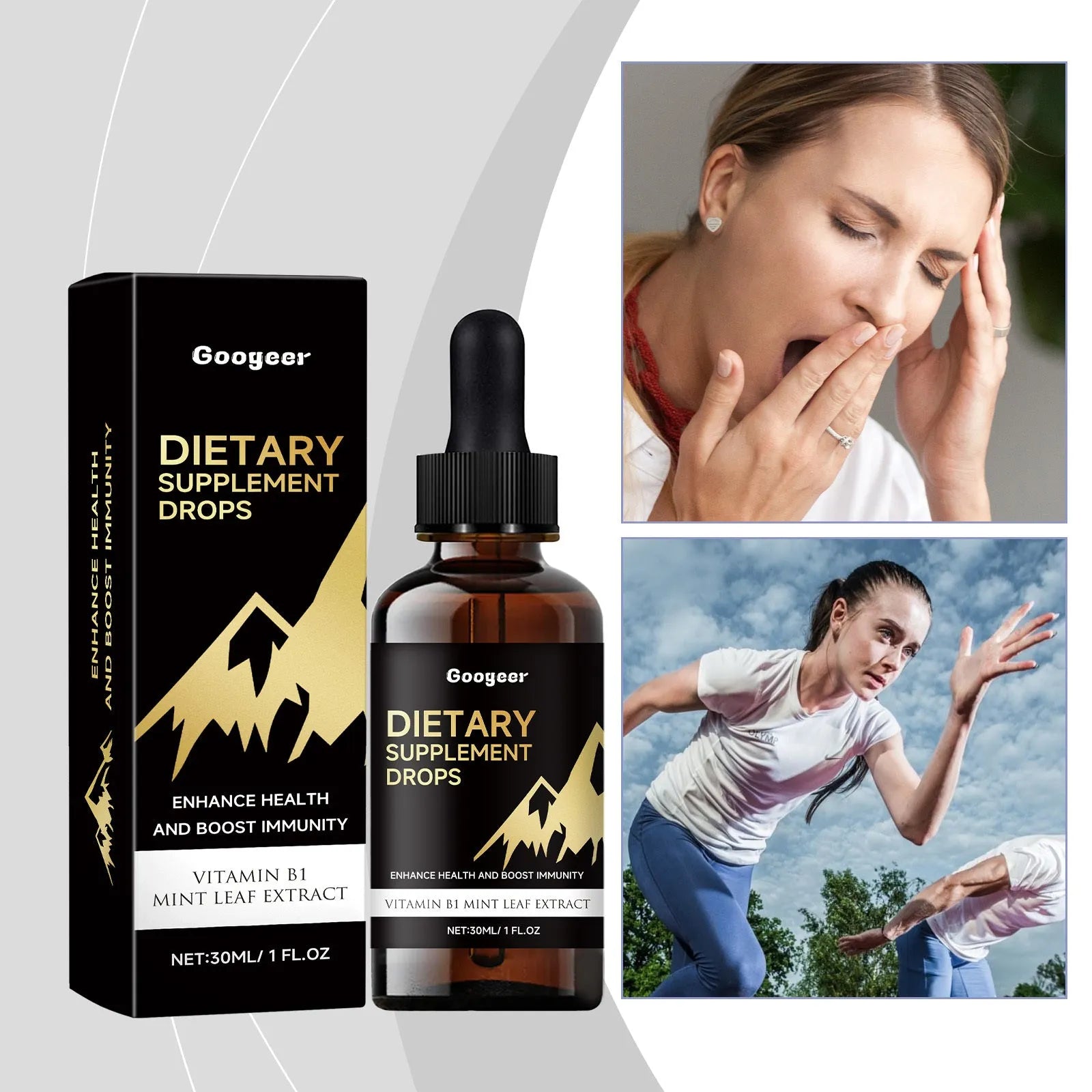 30 ml bottle of clear liquid multivitamin drops with a plastic dropper on a white background.