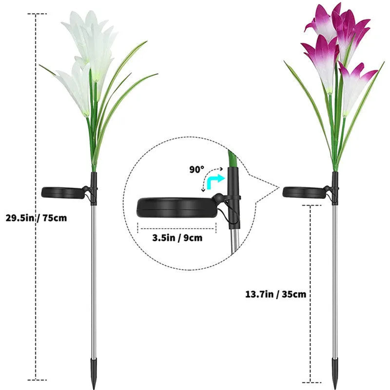 Solar lily flower light with silk cloth head, colour-changing LEDs, and stainless steel stake in a garden setting