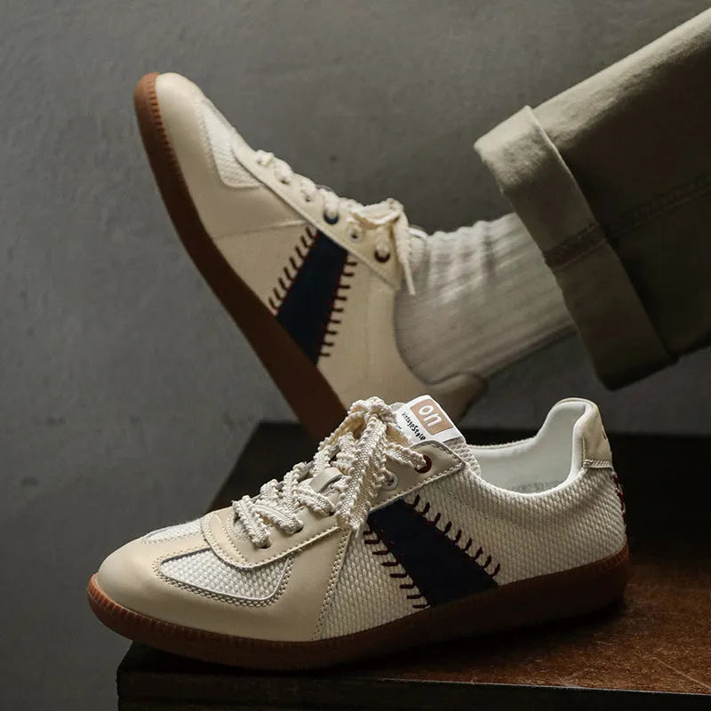 White fashion casual exercise men's sneakers with mesh upper and flat heel