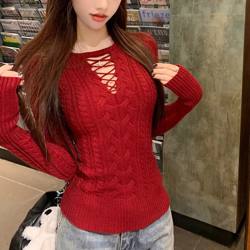 Knitted pullover slim fit hollow design long-sleeved top for women in beige red yellow black