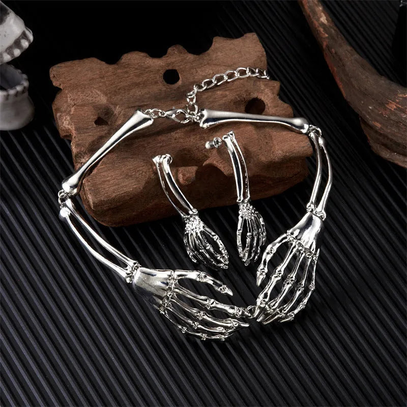 Skull and ghost claw necklace and earrings set in dark style with adjustable chain