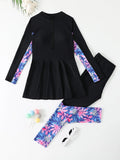 Girls two-piece swimsuit set with long sleeves and trousers in green, nylon and polyester fabric, sizes 120-160