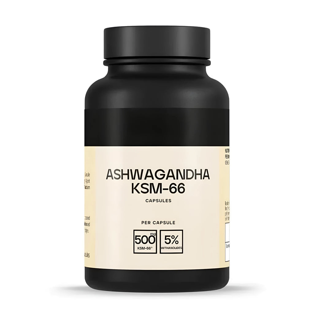 Bottle of Ashwagandha capsules supplement, 60 count, black packaging