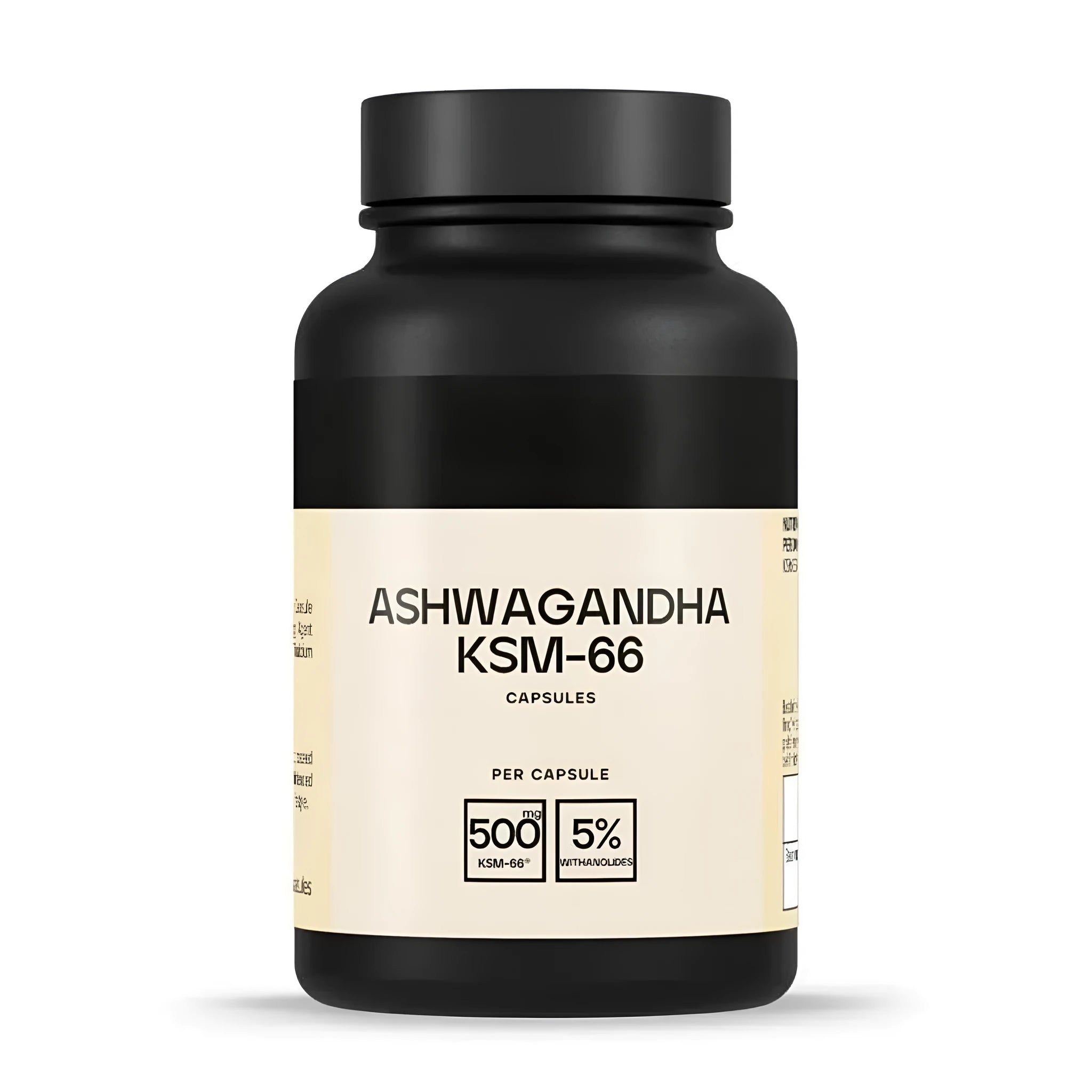 Bottle of Ashwagandha capsules supplement, 60 count, black packaging