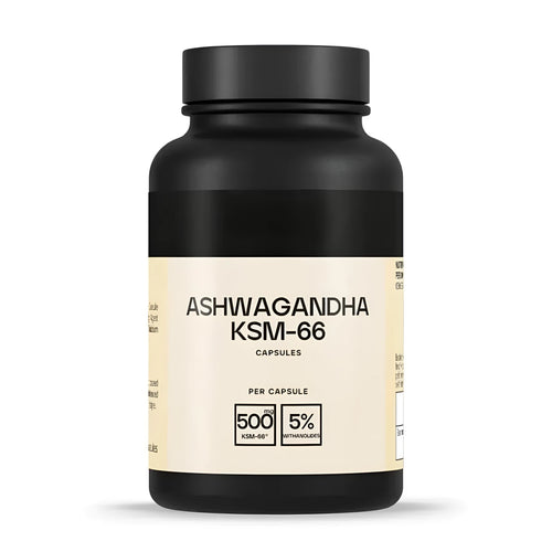 Bottle of Ashwagandha capsules supplement, 60 count, black packaging