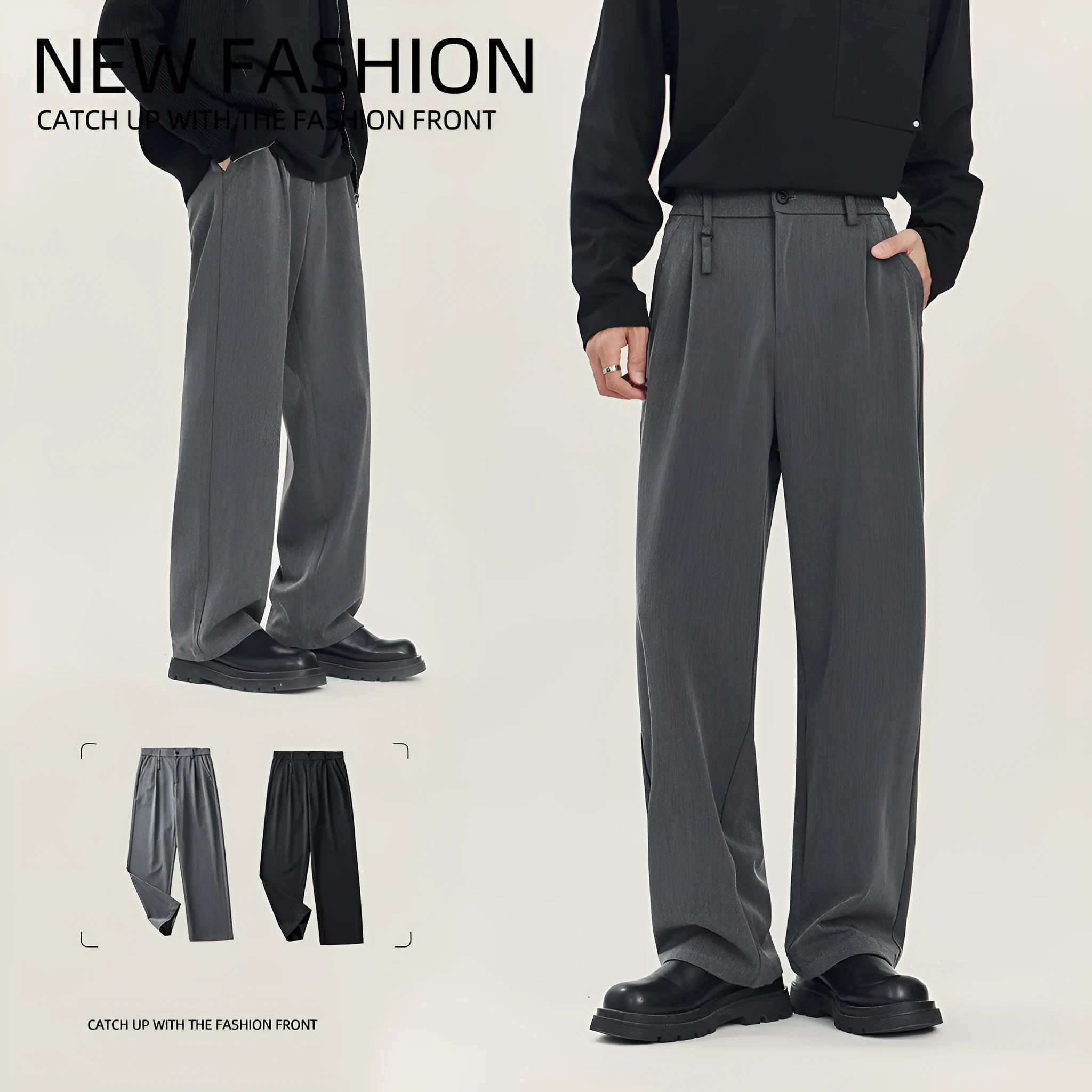 Men's black loose straight-leg business casual trousers on a hanger showing the draping style fit.