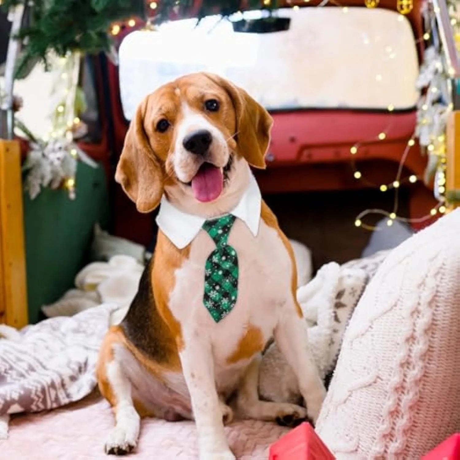 Adjustable Christmas dog necktie in red plaid with snowflake pattern, sized for small medium cats and dogs.