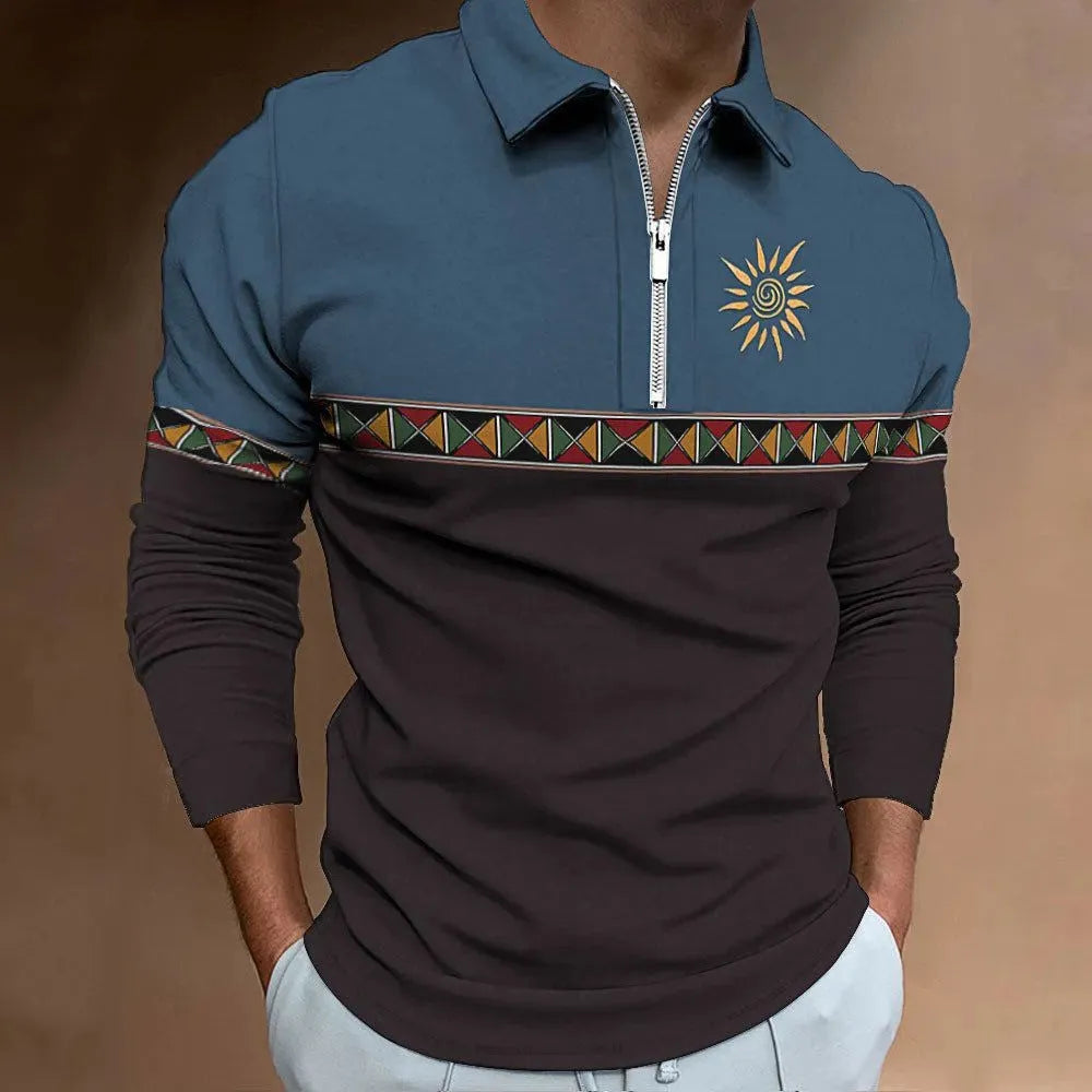Man wearing a loose-fit long sleeve golf top with retro colour printing and a zipper decoration detail.