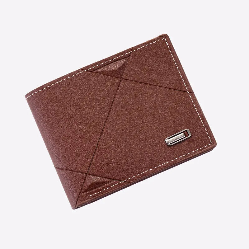 Men's thin three-fold PU leather wallet in black showing multiple card slots.