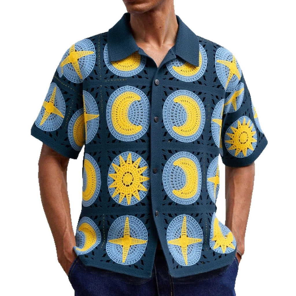 Men's navy blue short-sleeved cardigan with cartoon flocking pattern