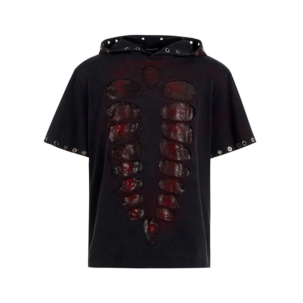 Black men's loose hooded t-shirt with short sleeves and sequin decoration