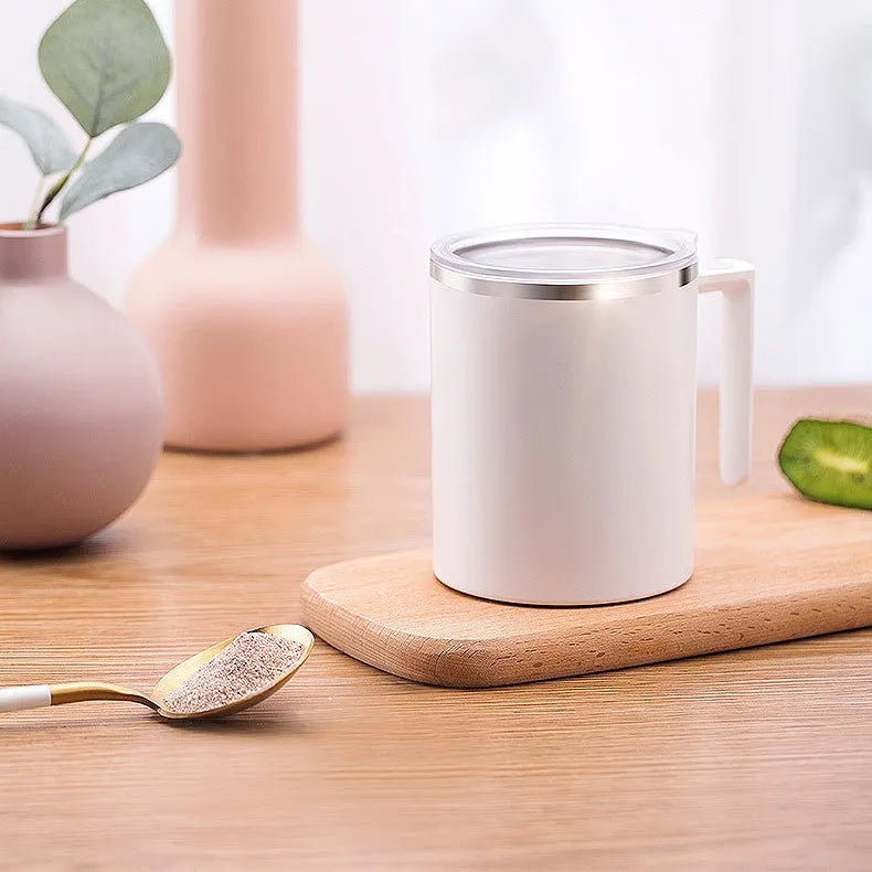 White automatic stirring coffee cup with magnetic base and 360ml capacity