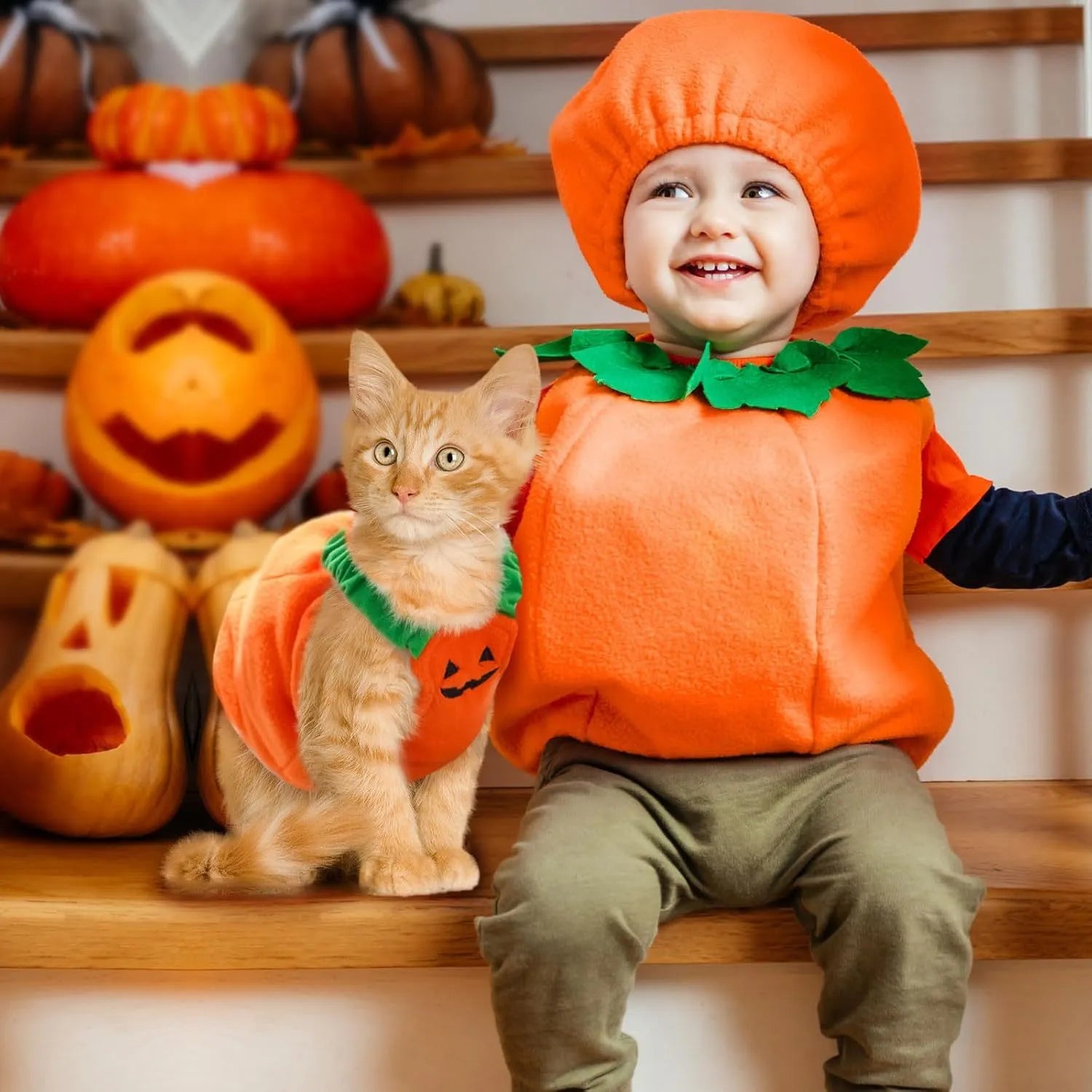 Orange pumpkin plush Halloween costume on a small dog, showing pullover design and soft fabric.