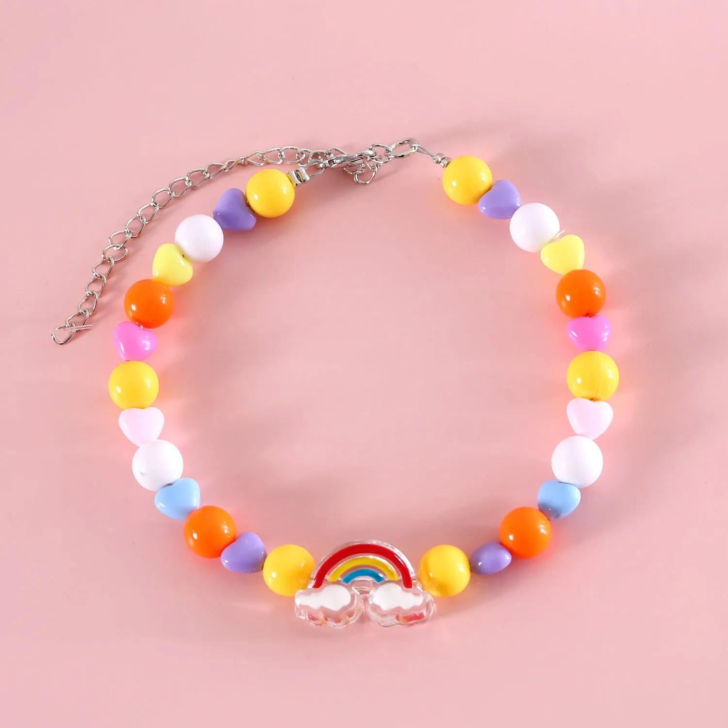 Colourful plastic bead cat necklace with small flower pattern on adjustable cord