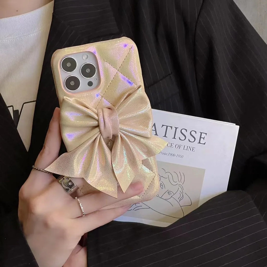 Bow phone case protective sleeve in pink leather style for iPhone 12 13 14 with fall protection