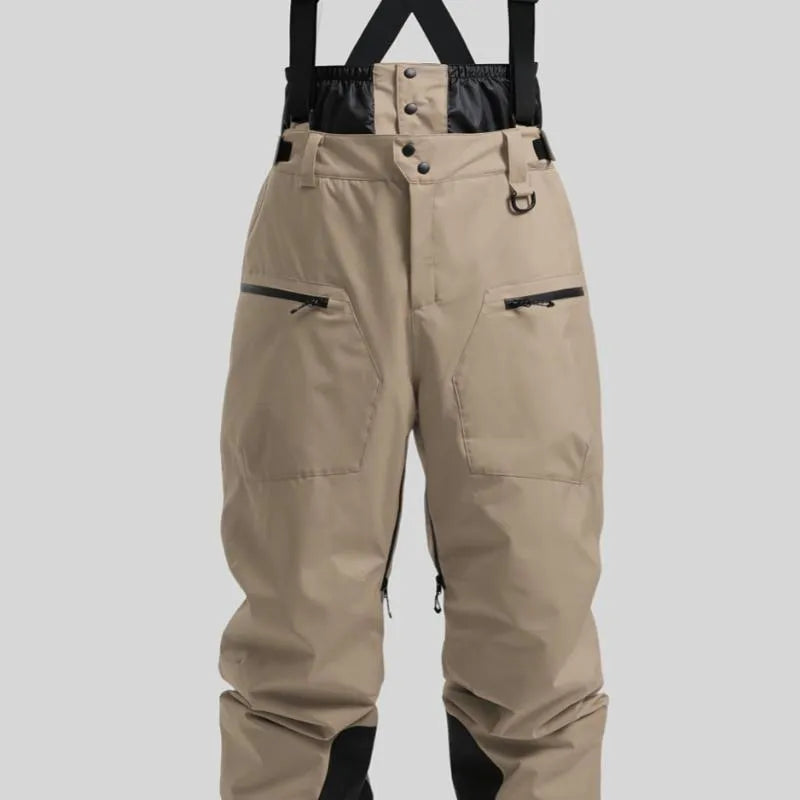 Men's black flame retardant linen ski pants with adjustable waist strap.