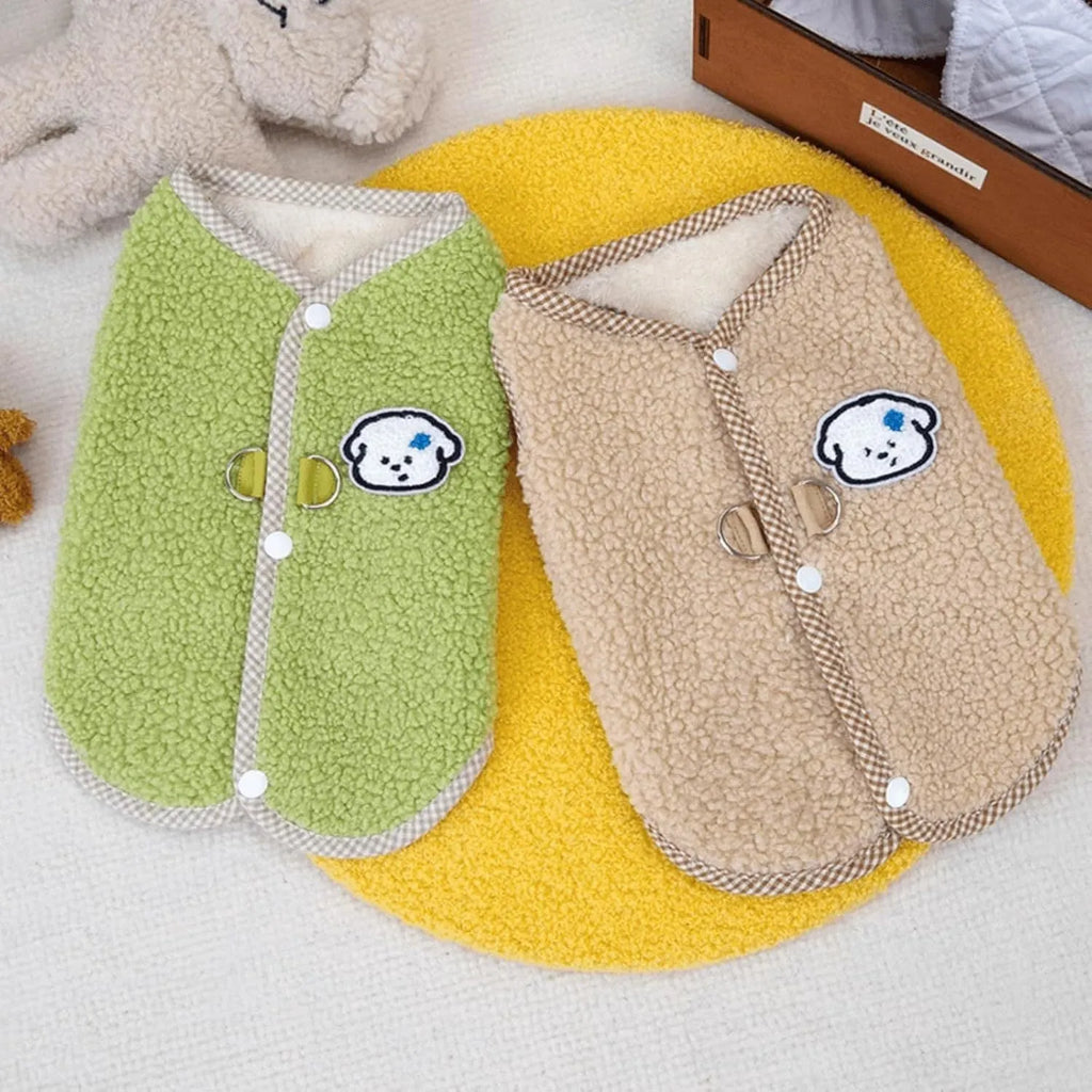 Green dog fleece vest with leash ring for small dogs in winter