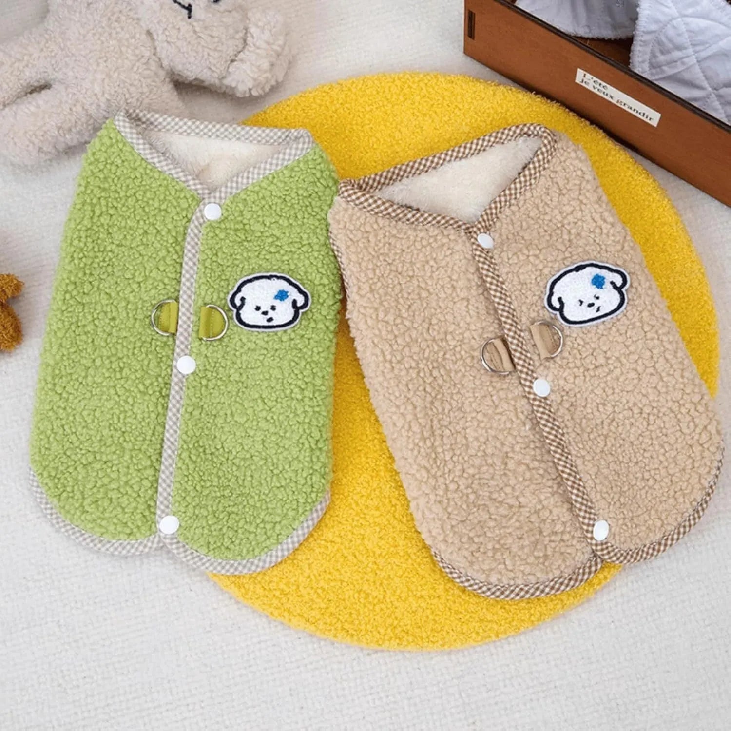 Green dog fleece vest with leash ring for small dogs in winter